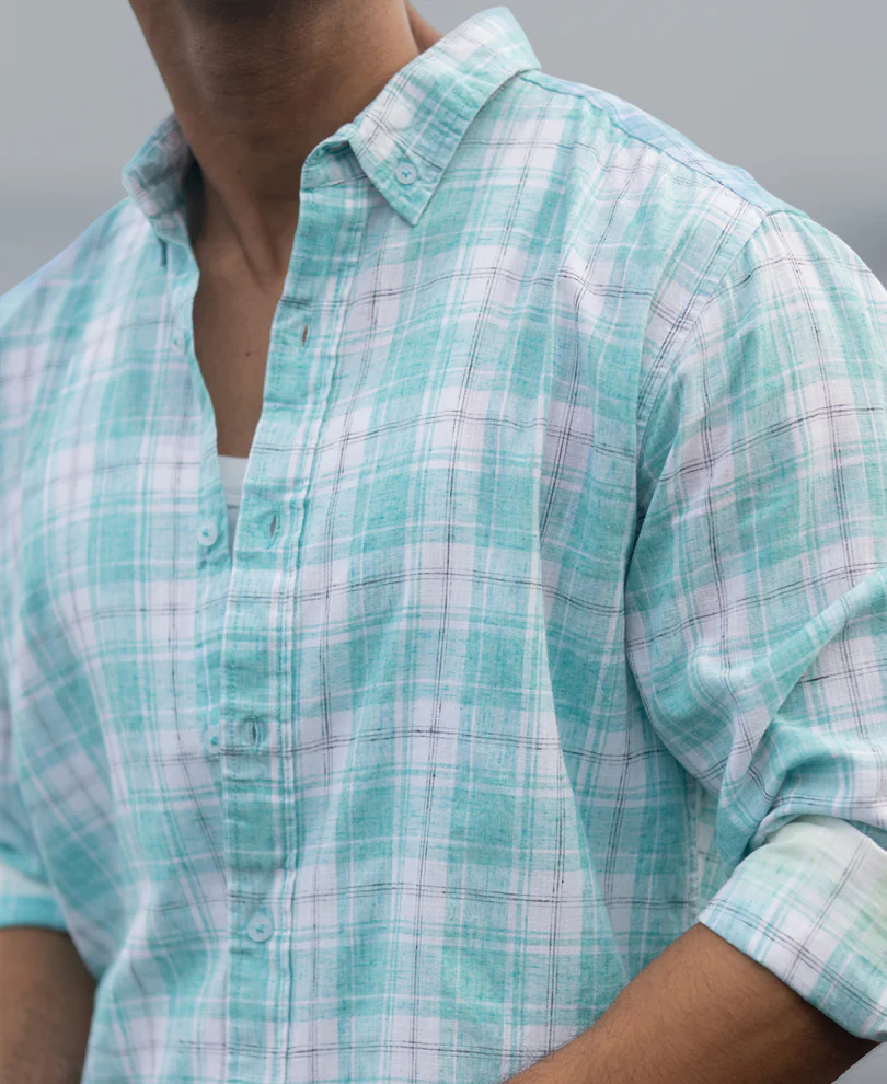 Aqua Blue Light Weight Ombre Checks Shirt - Image 5