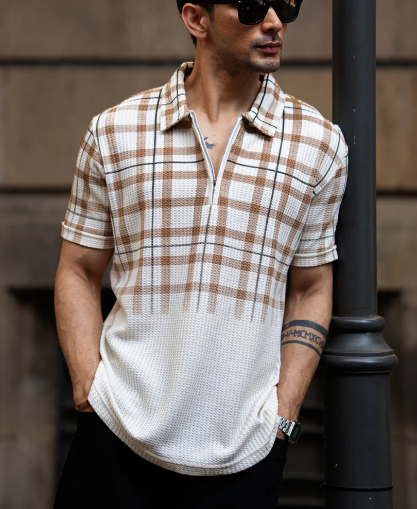 Beige Checks Print T-Shirt 100% Cotton