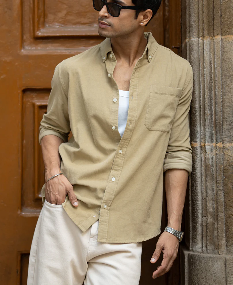 Beige Corduroy Buttondown Shirt 100% Cotton