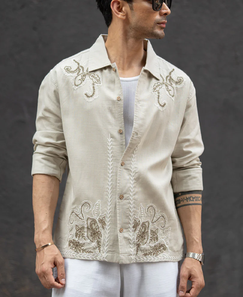 Beige Floral Embroidery Shirt 100% Cotton