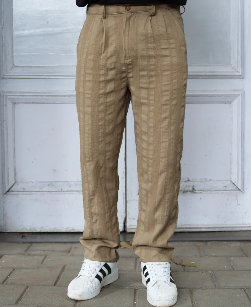 Beige Structured Pleated Trousers 100% Cotton
