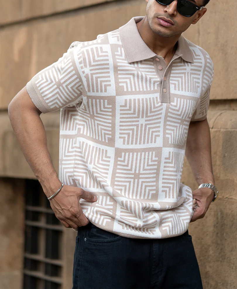 Beige Geometric Jacquard T-Shirt 100% Cotton