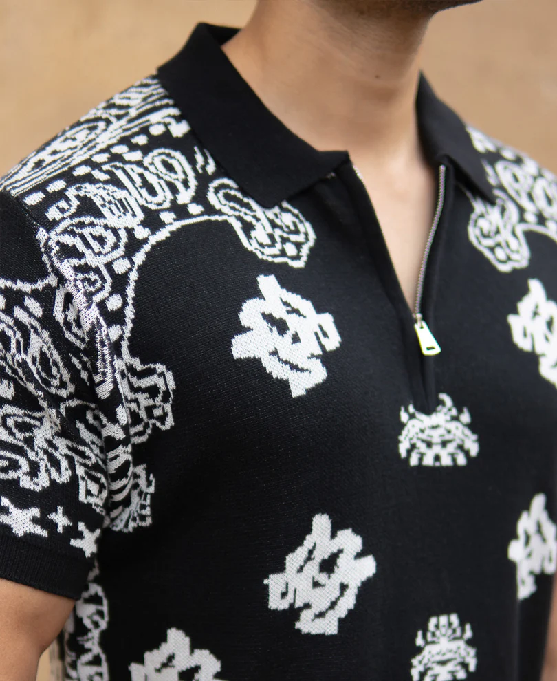 Black Bandana Knit Polo T-Shirt - Image 4