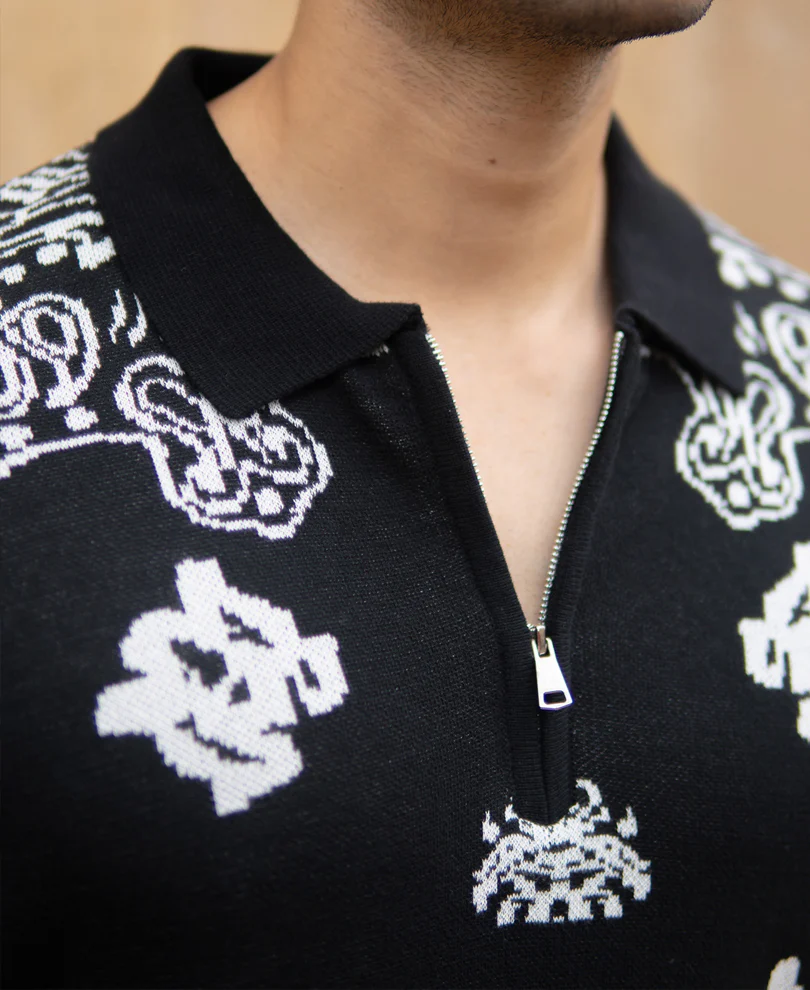 Black Bandana Knit Polo T-Shirt - Image 5