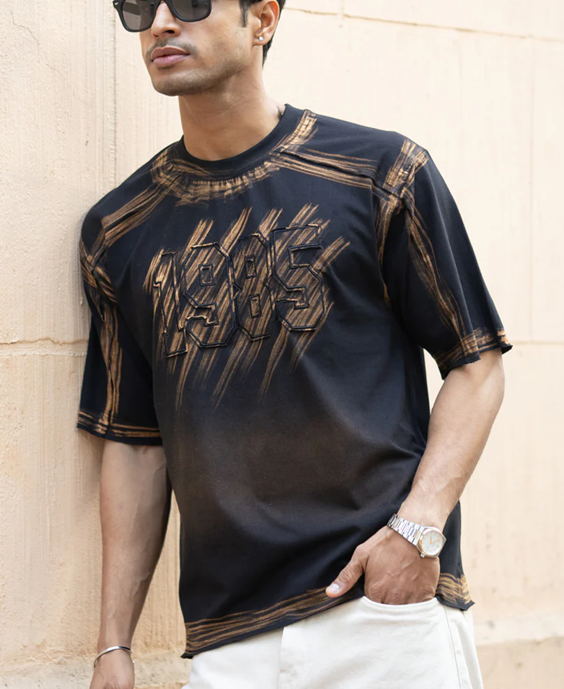 Black Bleached Applique T-Shirt 100% Cotton