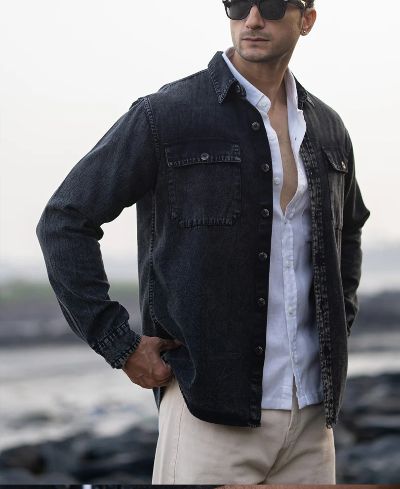 Black Charcoal Washed Denim Shirt 100% Cotton - Image 2