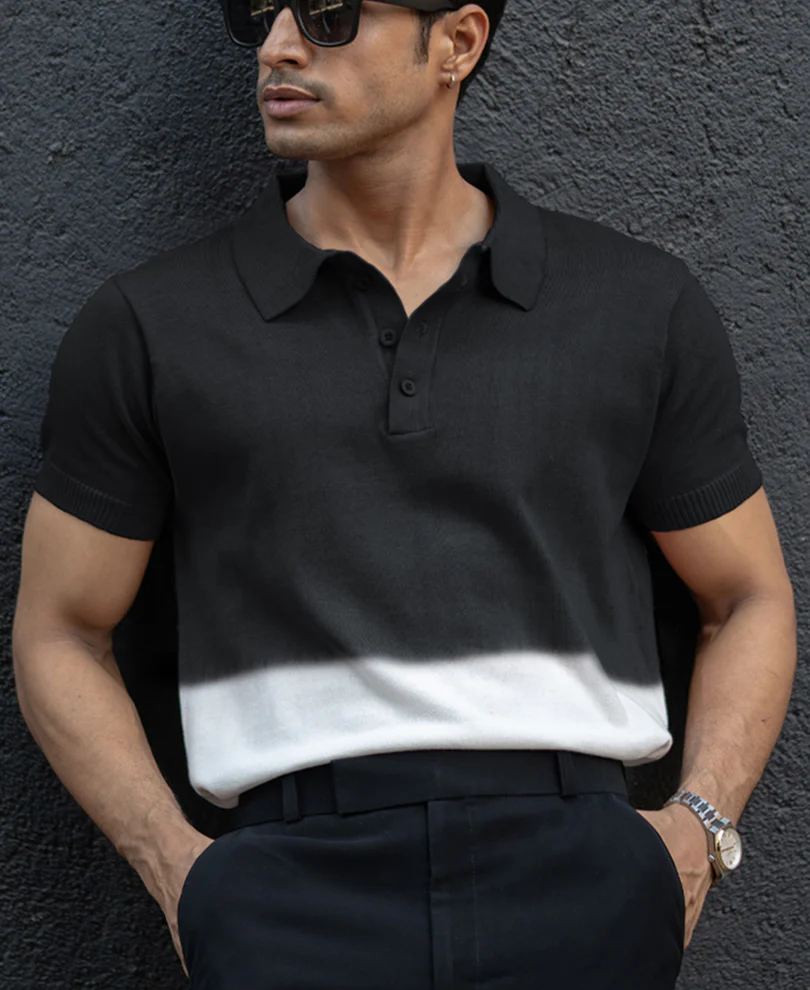 Black Ombre Knit Polo T-Shirt 100% Cotton - Image 2