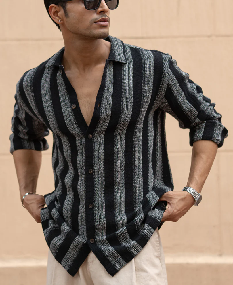 Black Structured Striped Shirt - Image 4