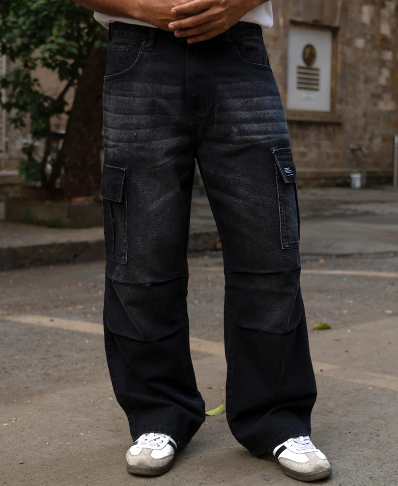 Black Washed Cargo Jeans 100% Cotton - Image 2