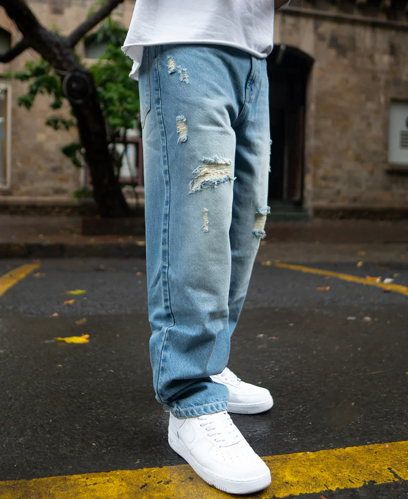 Blue Baggy Ripped Jeans 100% Cotton