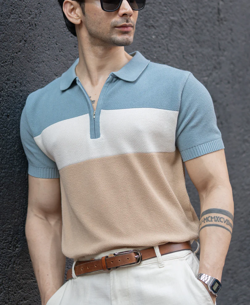 Blue & Beige Stripe Knit T-Shirt 100% Cotton