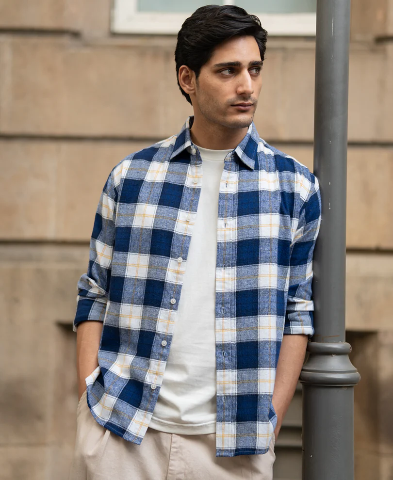 Blue Brushed Regular Fit Checks Shirt