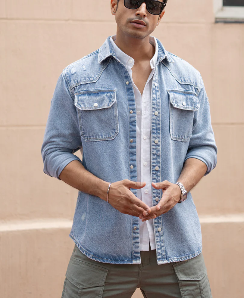 Blue Denim Regular Fit Full Sleeves Shirt - Image 2