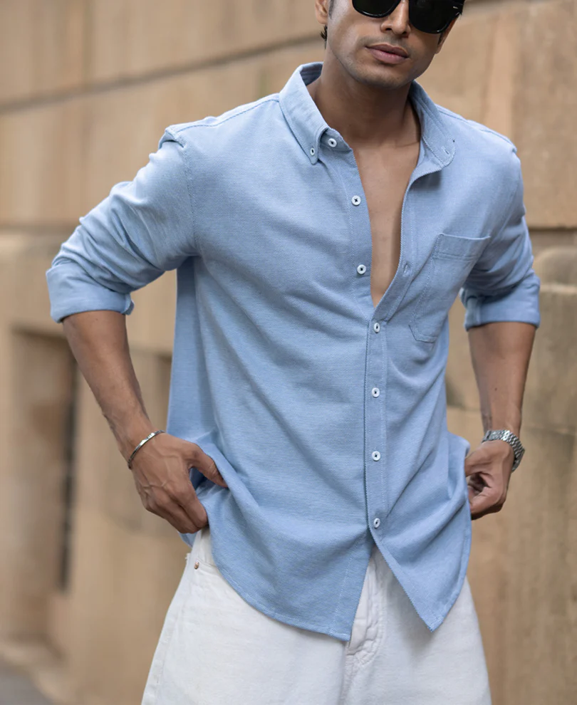 Blue Knitted Button Down Shirt - Image 2