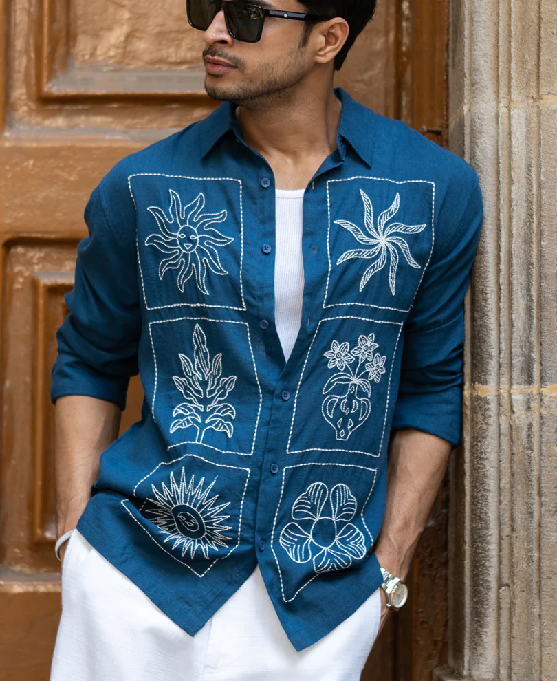 Blue Linen Blend Embroidery Shirt