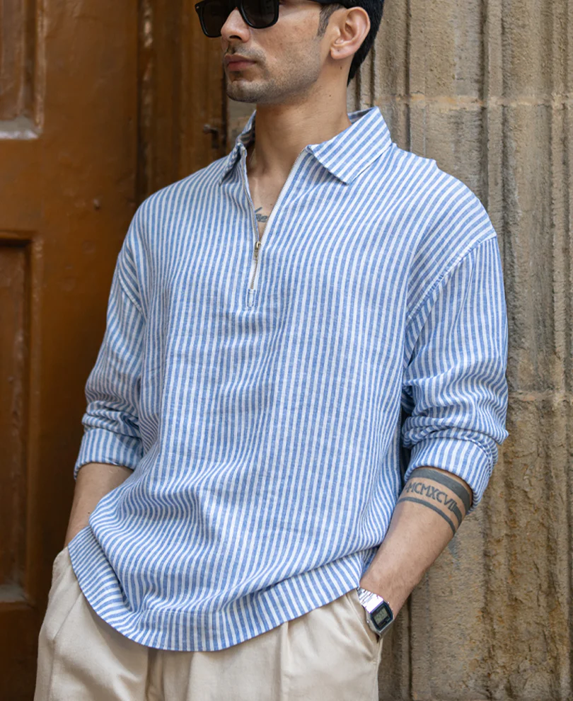 Blue Linen Blend Stripe Zipper Shirt