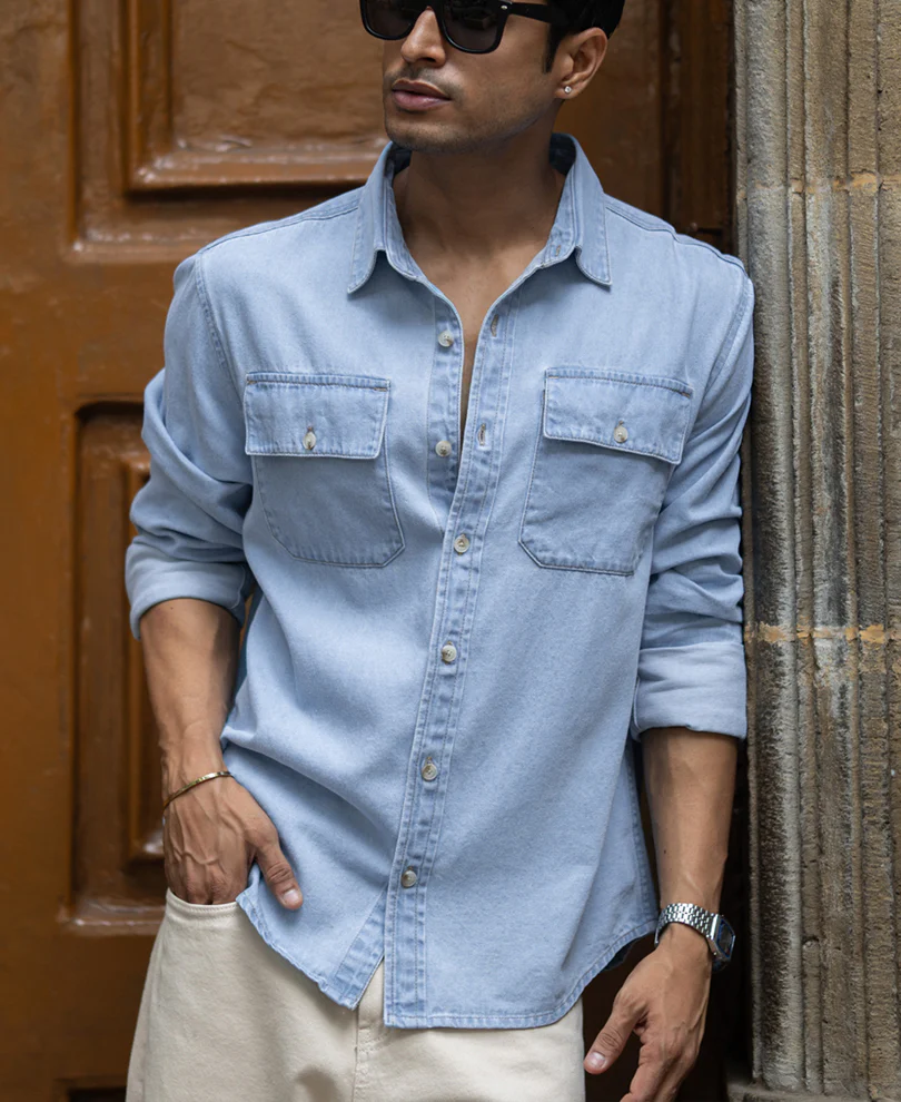 Blue Washed Denim Double Pocket Shirt - Image 2