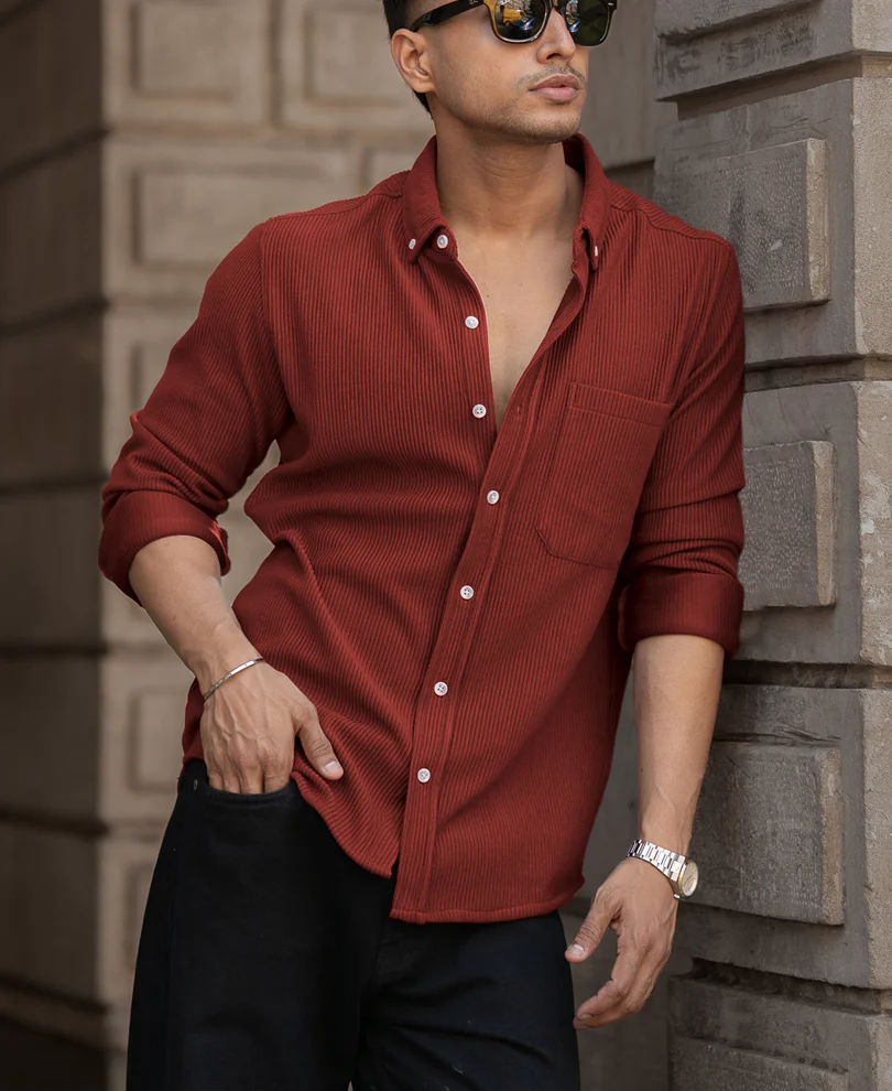 Brick Red Structured Knit Shirt - Image 2