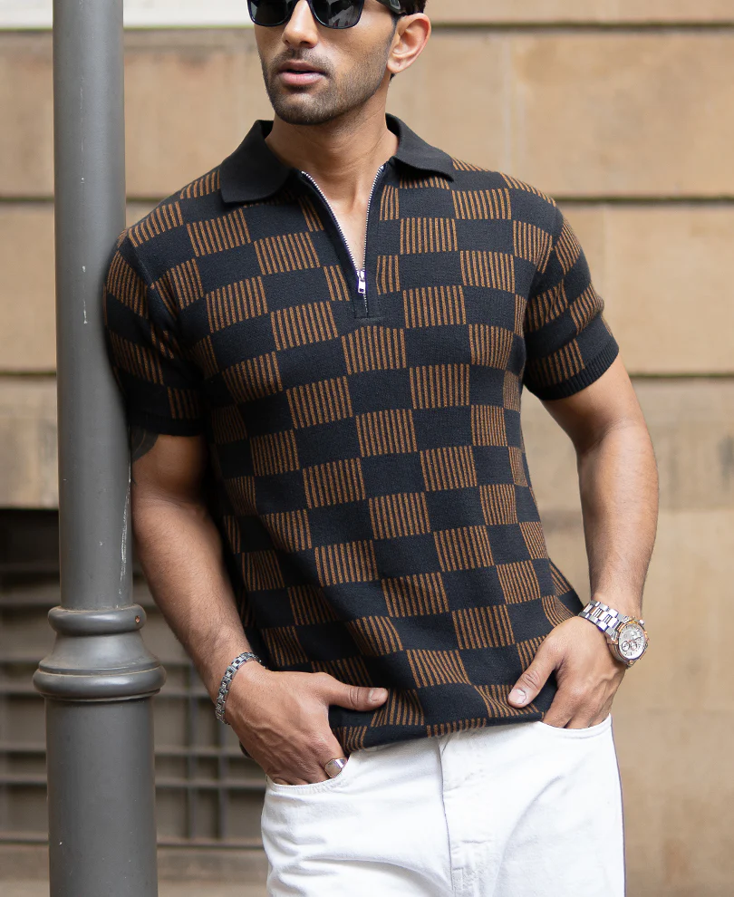 Brown And Black Jacquard Knit T-Shirt - Image 2