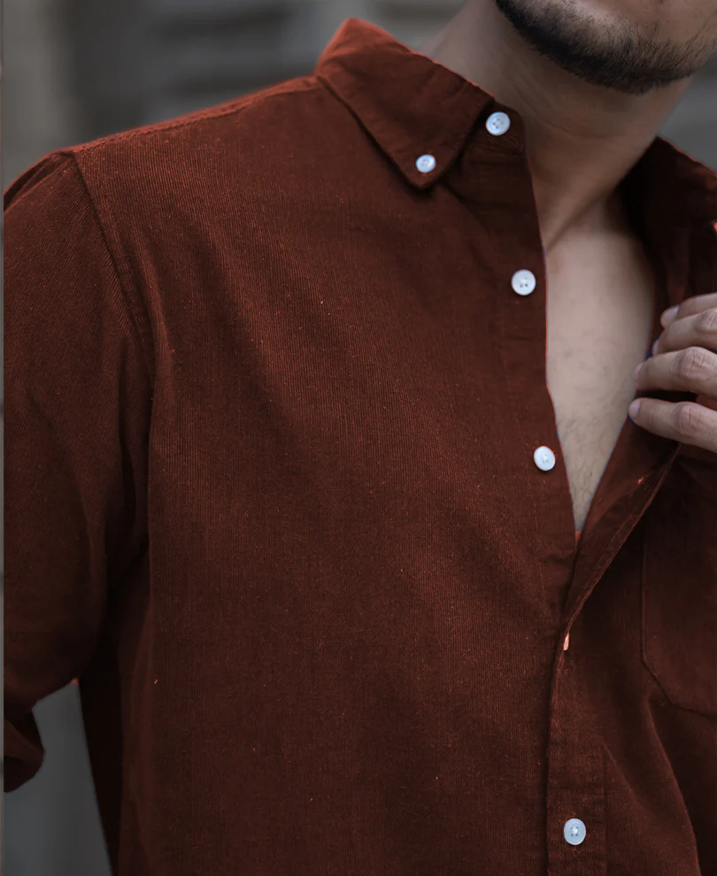 Brown Corduroy Regular Fit Full Sleeves Shirt 100% Cotton - Image 2