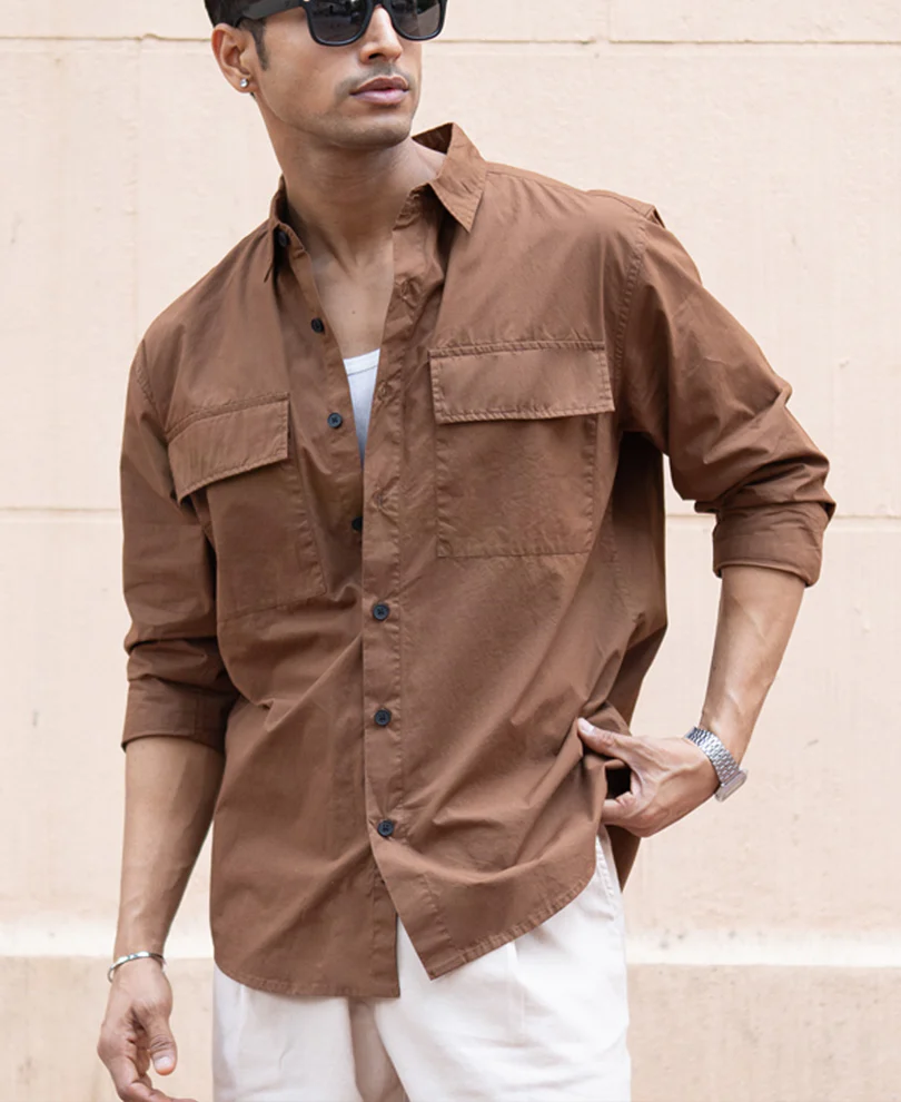 Brown Double Pocket Lightweight Shirt 100% Cotton