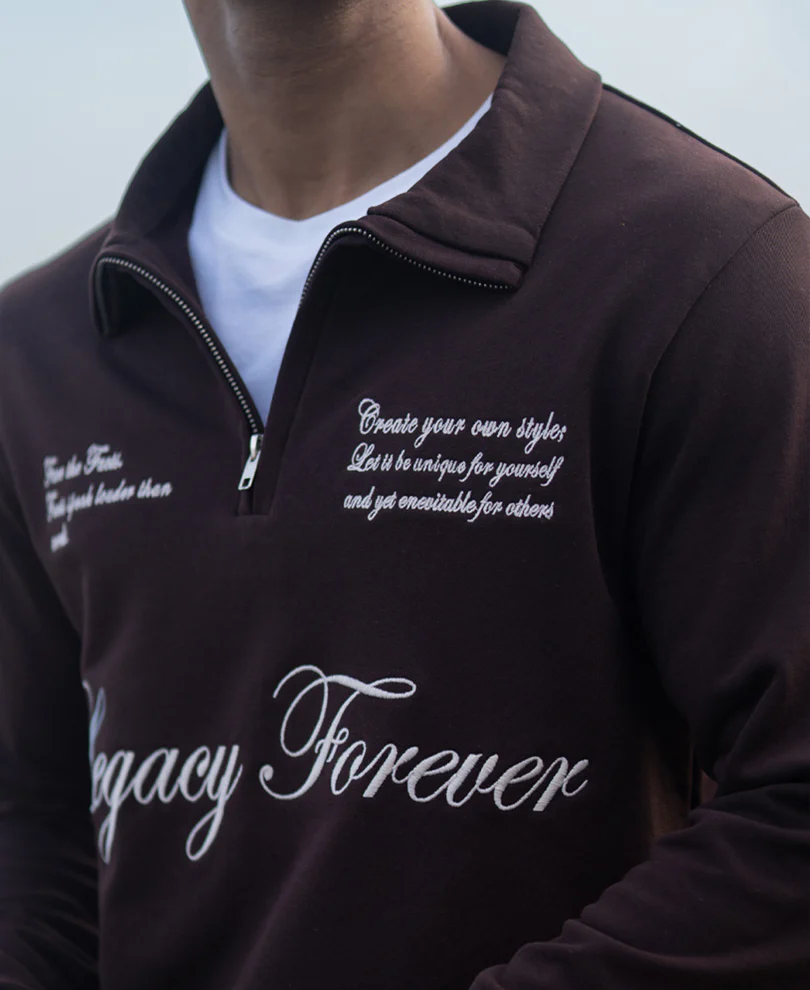 Brown Embroidered Quarter Zip T-Shirt