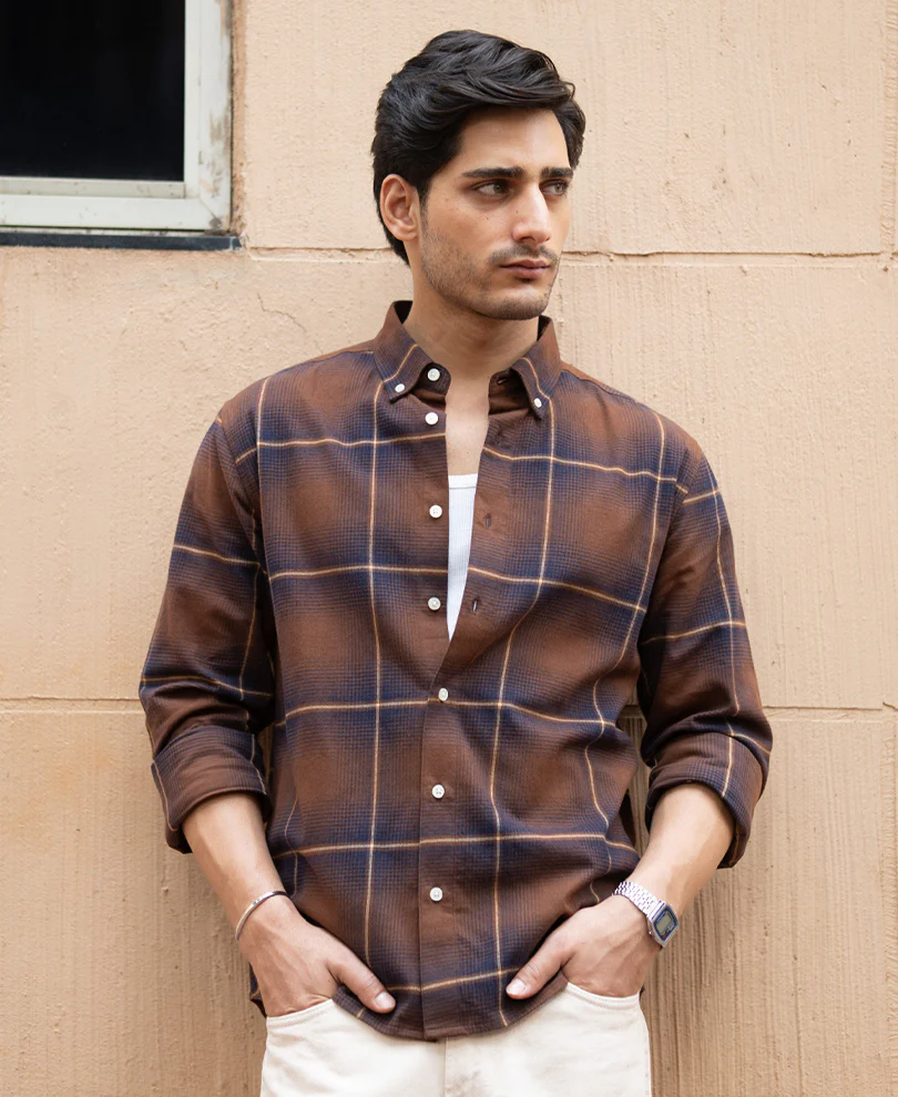 Brown Lightweight Checks Shirt 100% Cotton