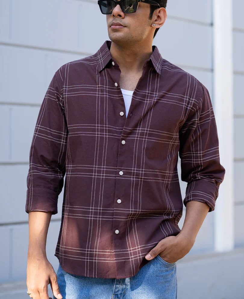 Brown Linen Blend Checks Shirt 100% Cotton