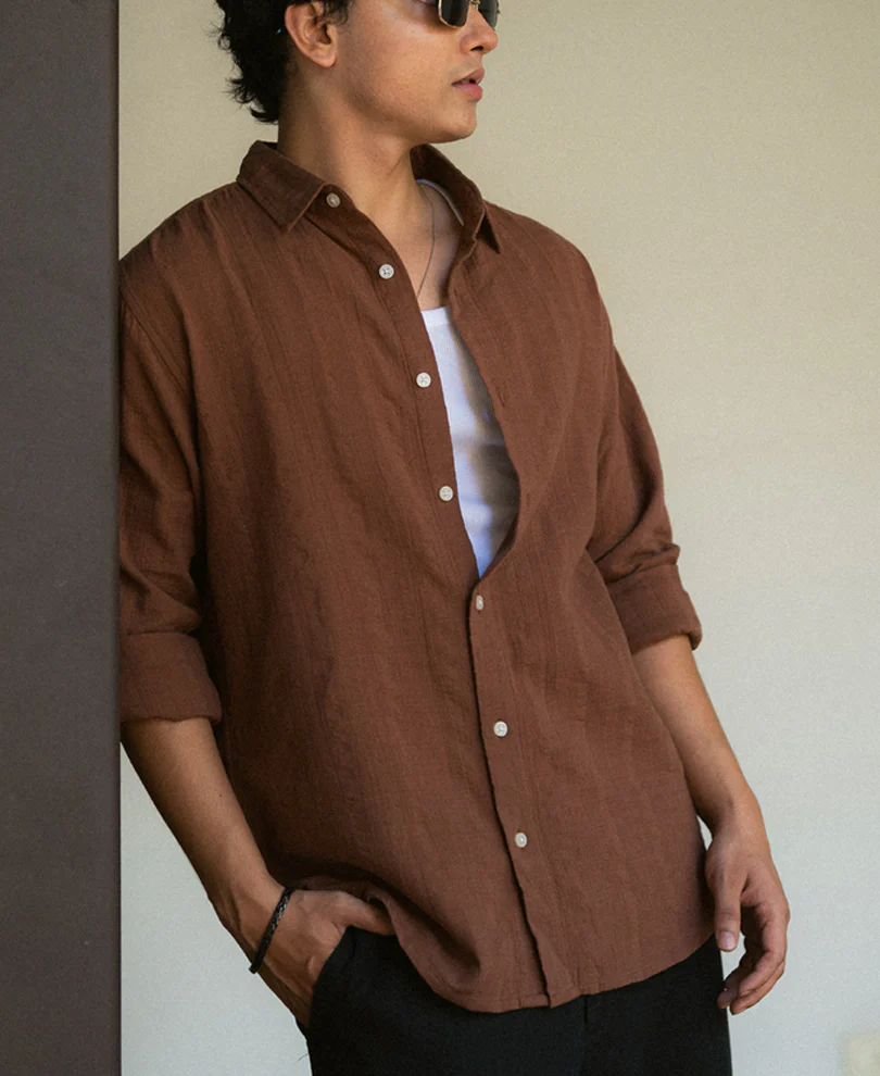 Brown Plain Structure Shirt 100% Cotton