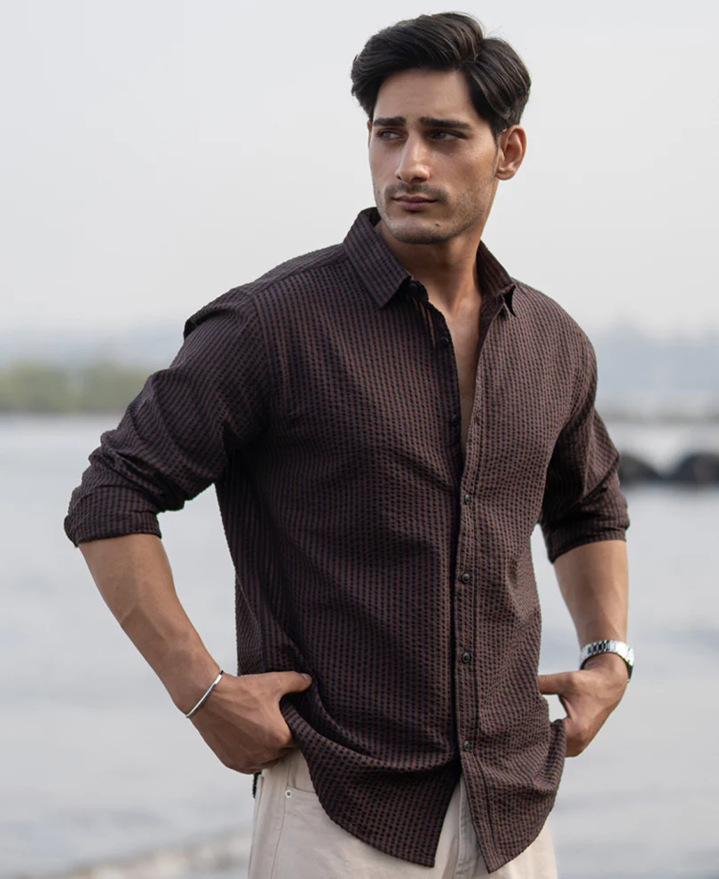 Brown Seer Sucker Stripe Shirt 100% Cotton