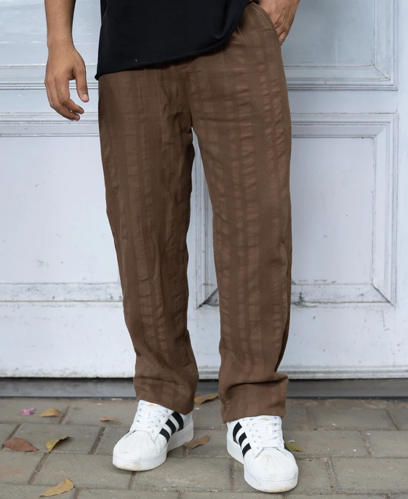 Brown Structured Pleated Trousers 100% Cotton