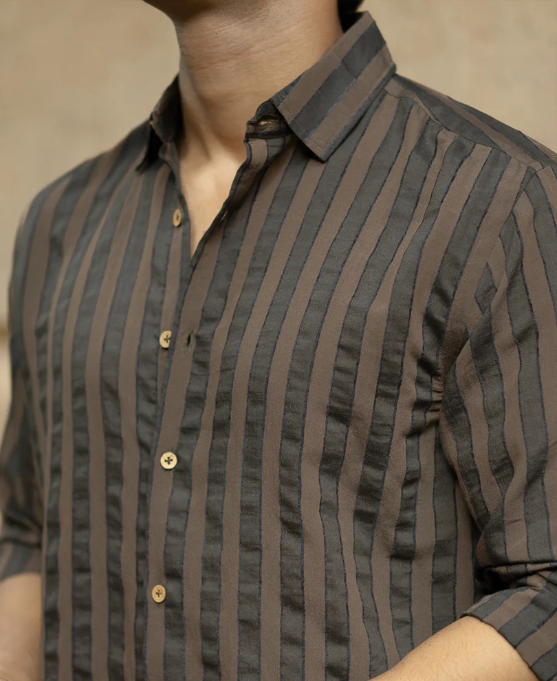 Brown Structured Self Striped Shirt - Image 4