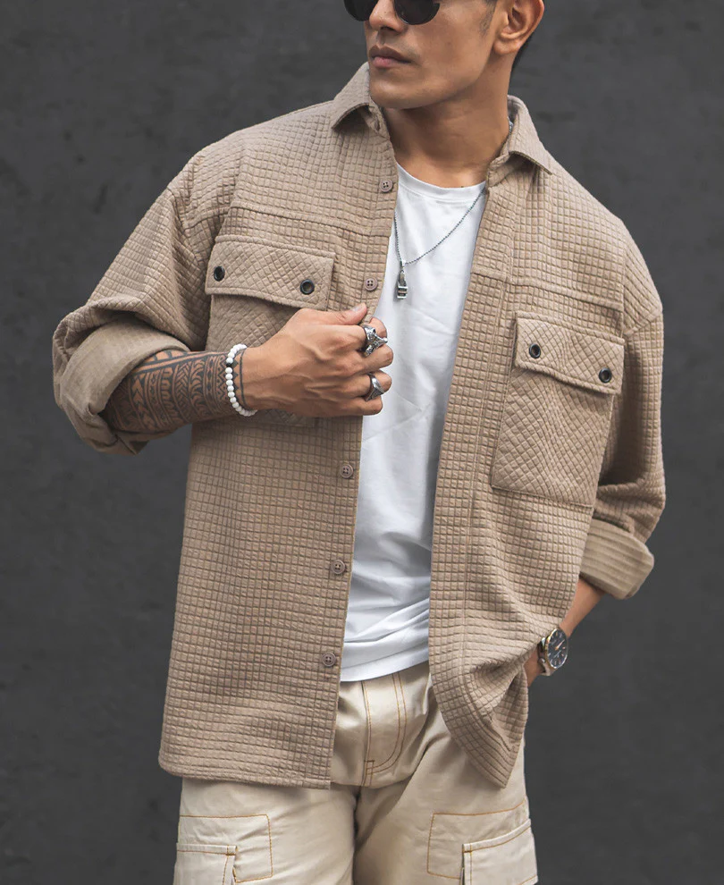 Camel Structured Double Pockets Shacket Oversized Shirt - Image 2