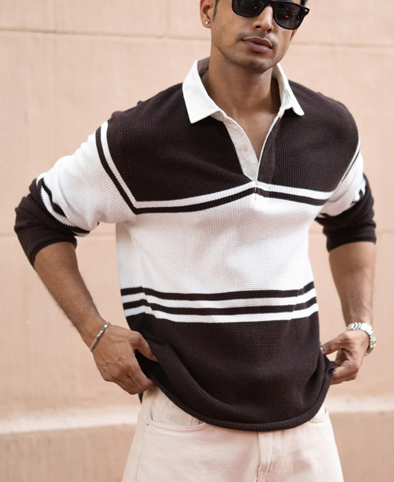 Coffee Brown Structured Stripe T-Shirt 100% Cotton