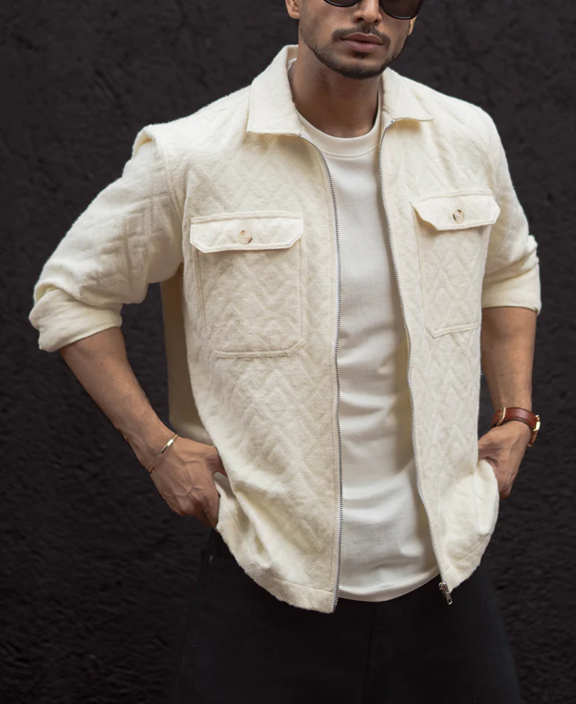 Cream Zip Style Full Sleeves Regular Fit Shirt