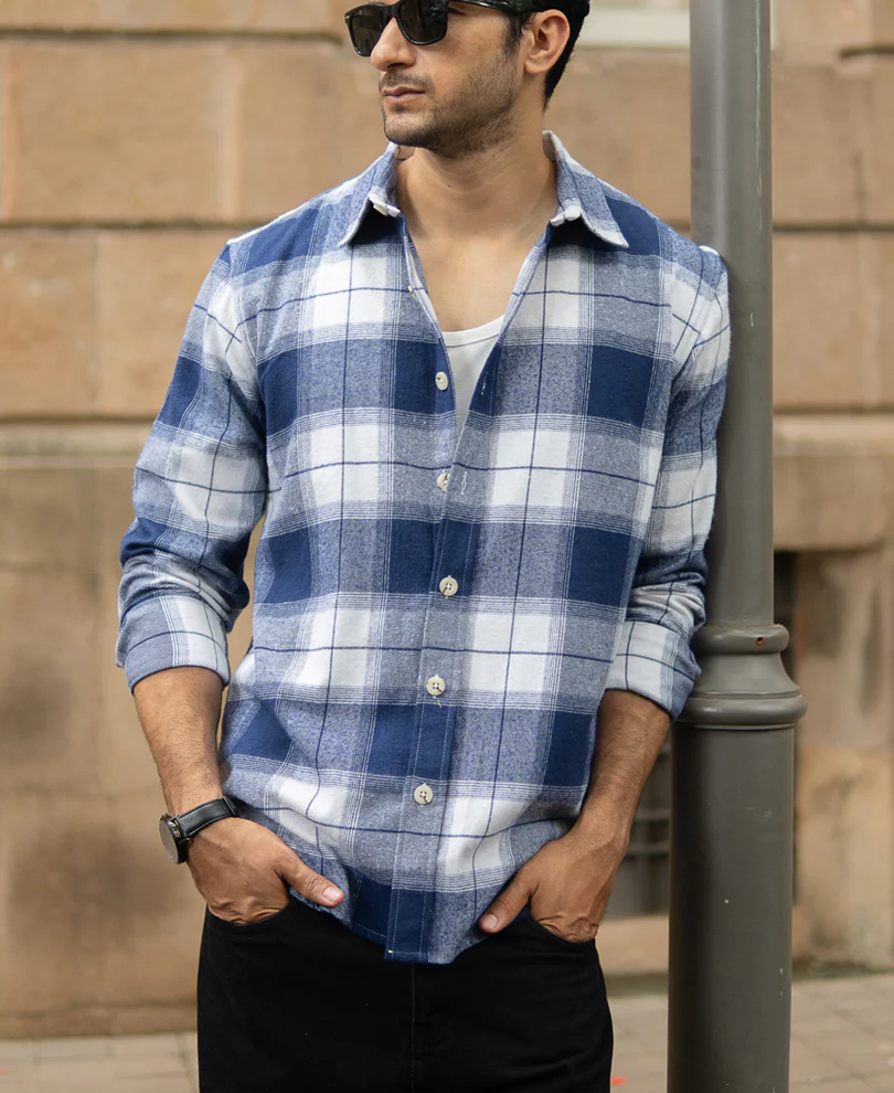 Dark Blue Brushed Checks Shirt 100% Cotton