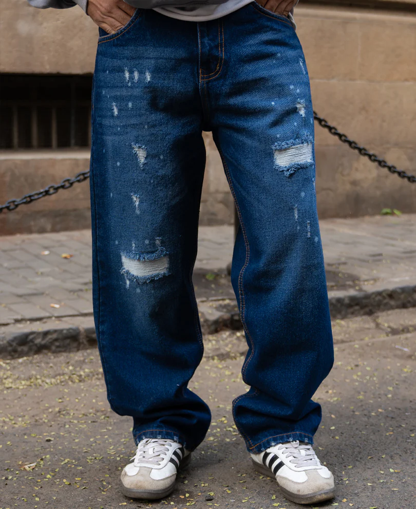 Dark Blue Distressed Baggy Fit Jeans 100% Cotton