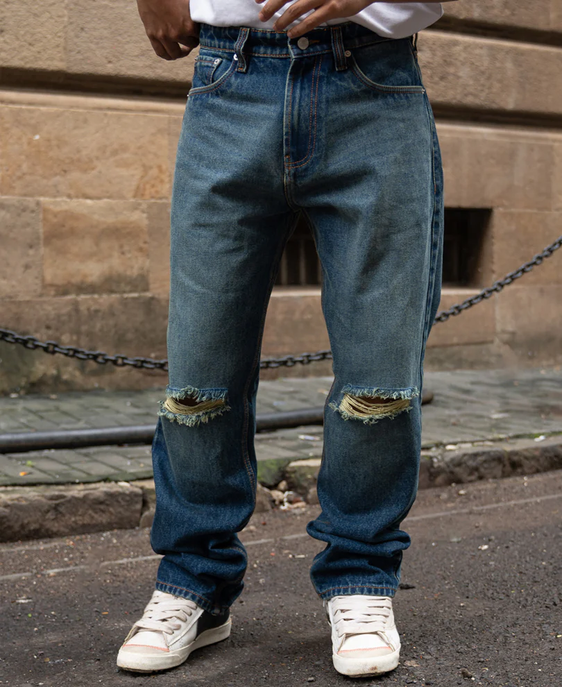 Dark Blue Distressed Baggy Jeans 100% Cotton