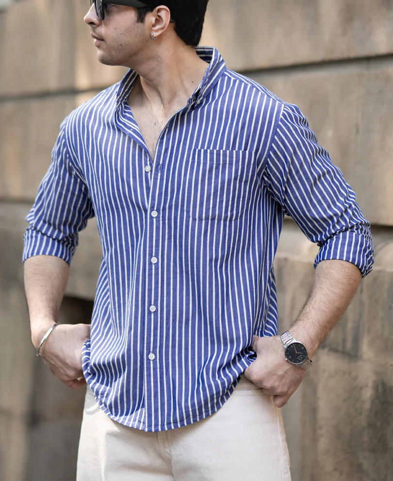 Dark Blue Lightweight Stripe Shirt 100% Cotton - Image 2