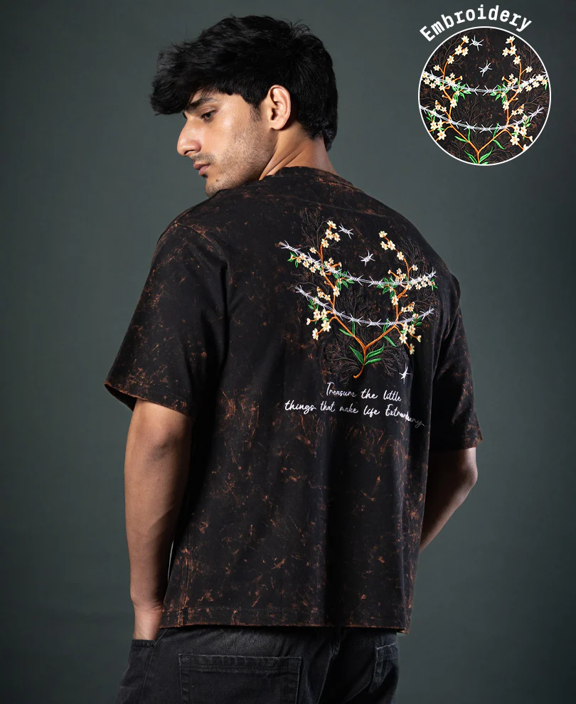 Dark Brown Floral Embroidery T-Shirt 100% Cotton