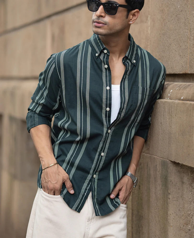 Dark Green Stripped Button Down Shirt - Image 2