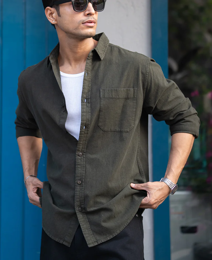 Dark Olive Washed Denim Shirt 100% Cotton