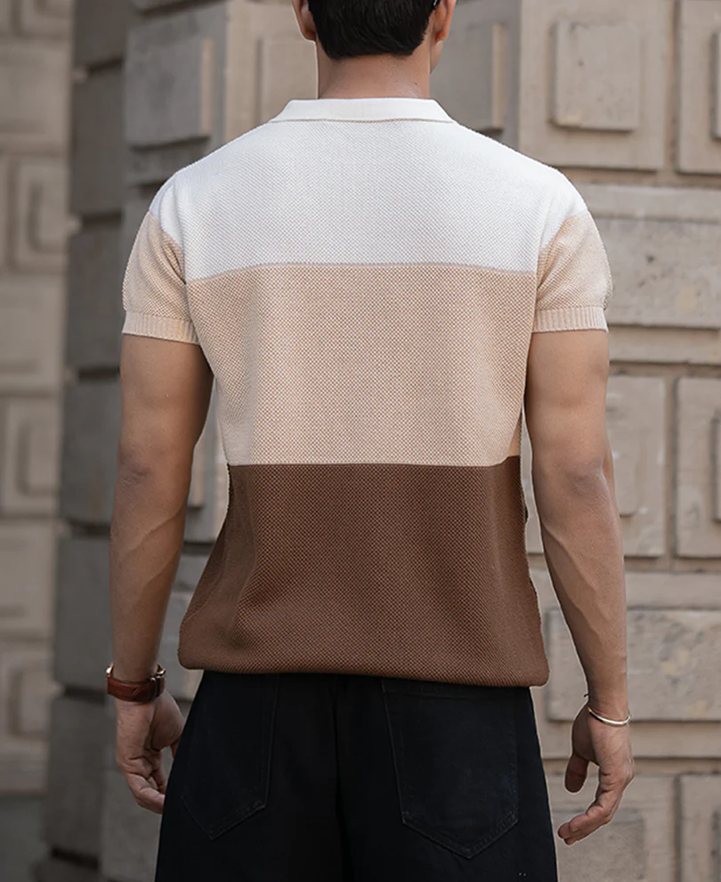Earthy Stripe Zipper Polo T-Shirt - Image 3