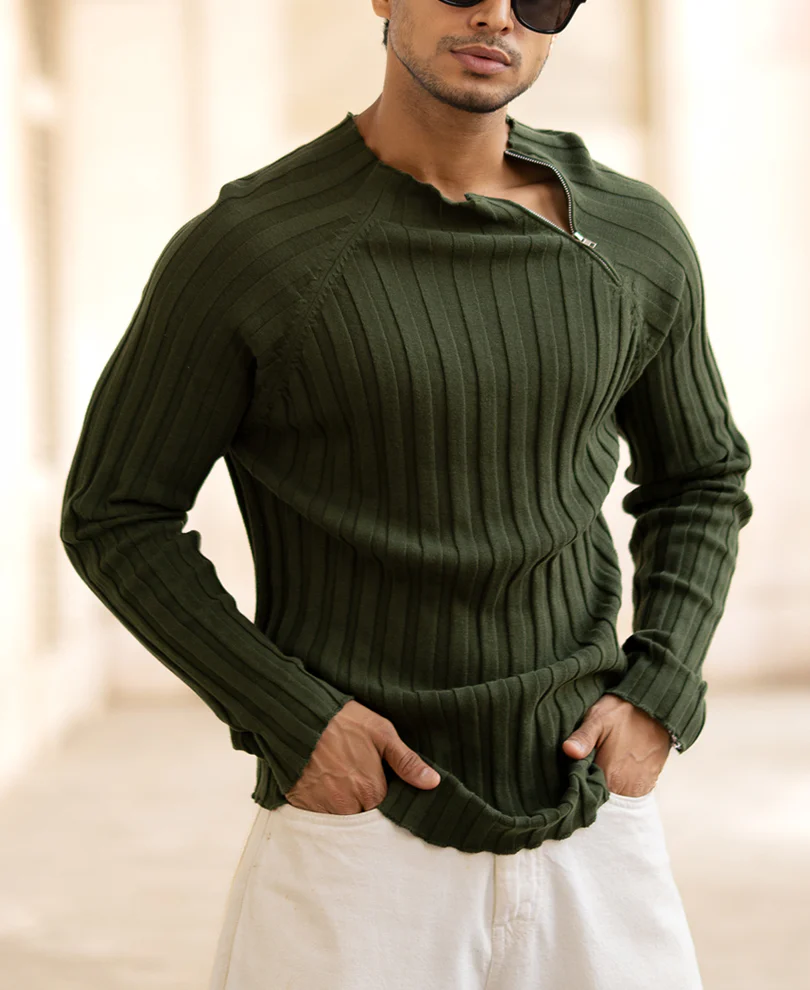 Olive High Neck Ribbed T-Shirt 100% Cotton