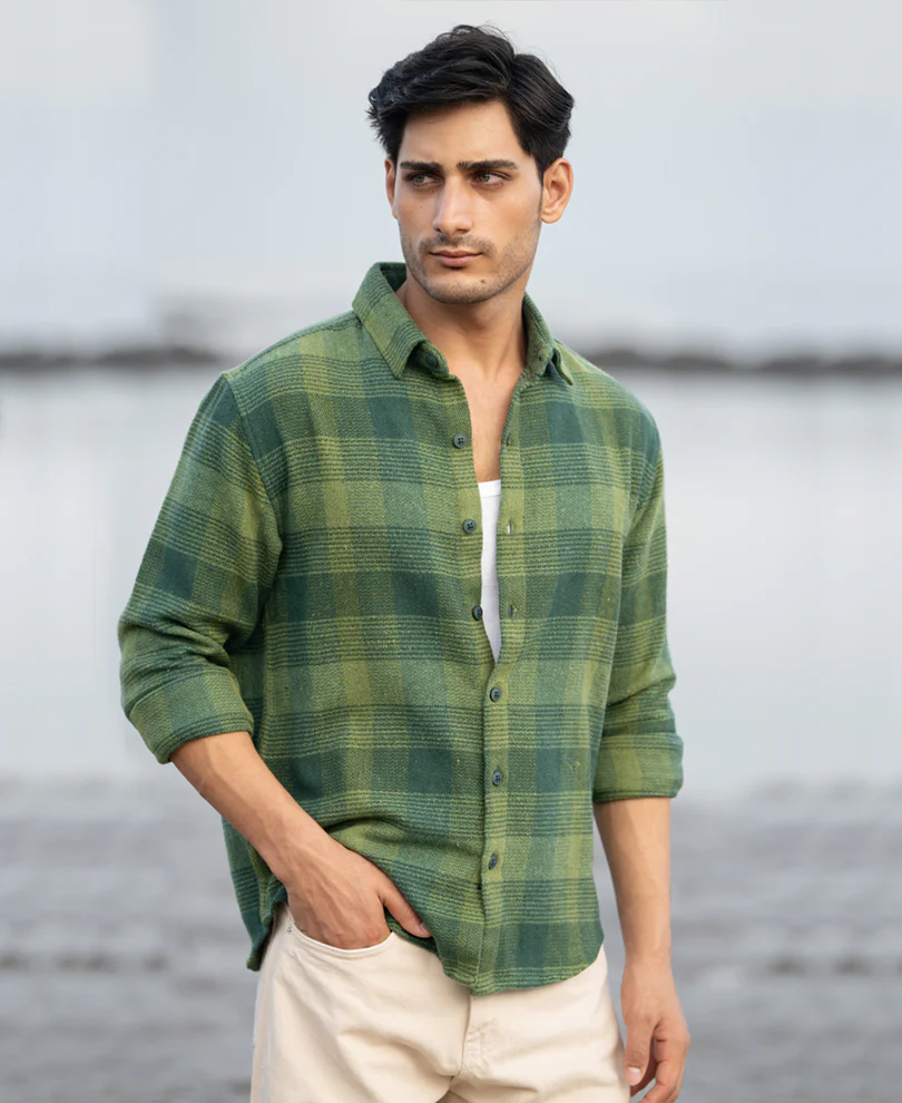 Green Structured Check Shirt 100% Cotton