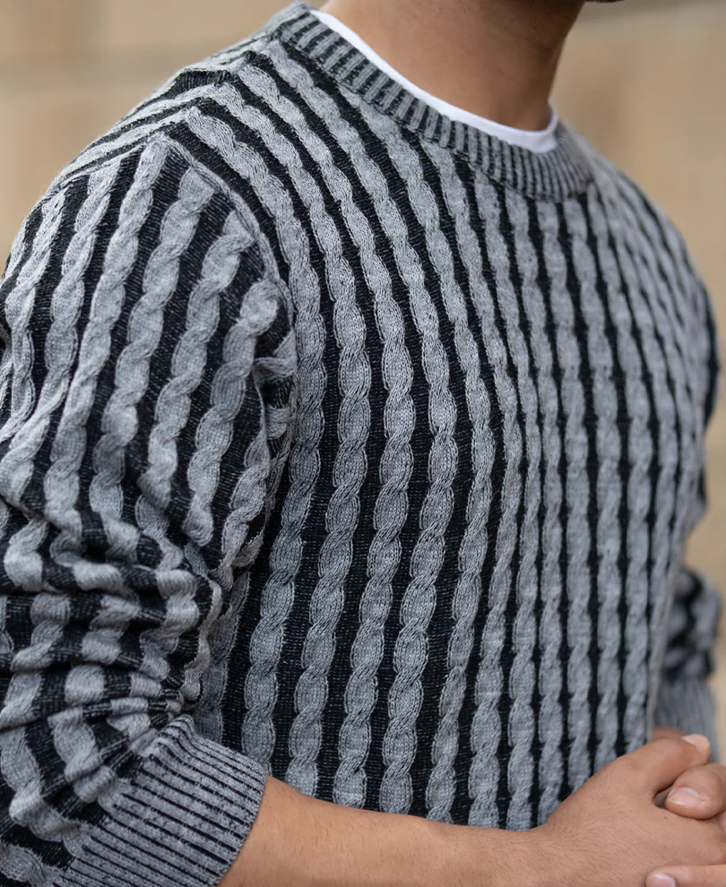 Grey And Black Cable Knit T-Shirt