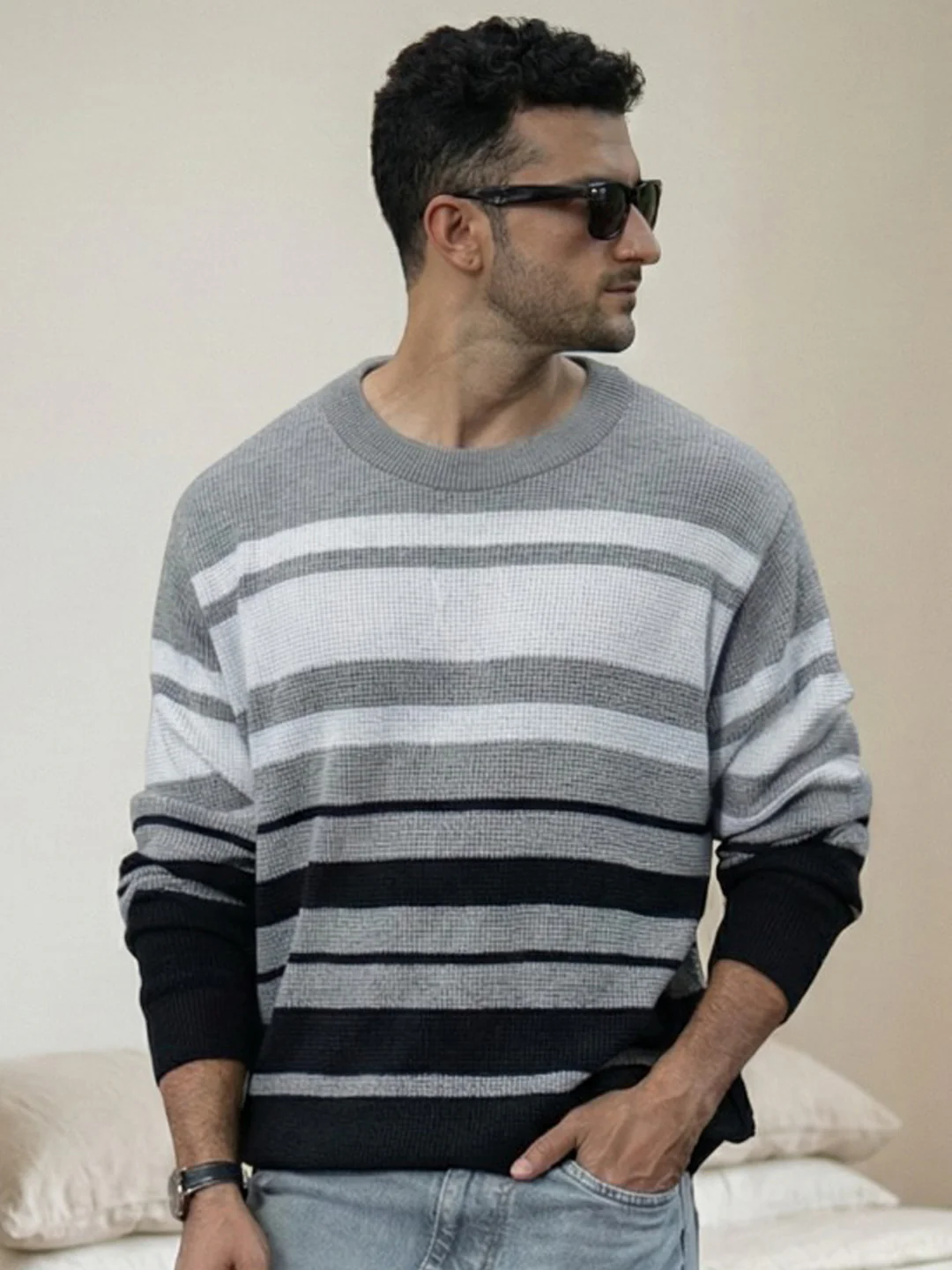 Grey And Black Structured Striped T-Shirt 100% Cotton