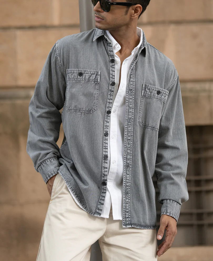 Grey Denim Shirt With Pockets - Image 2