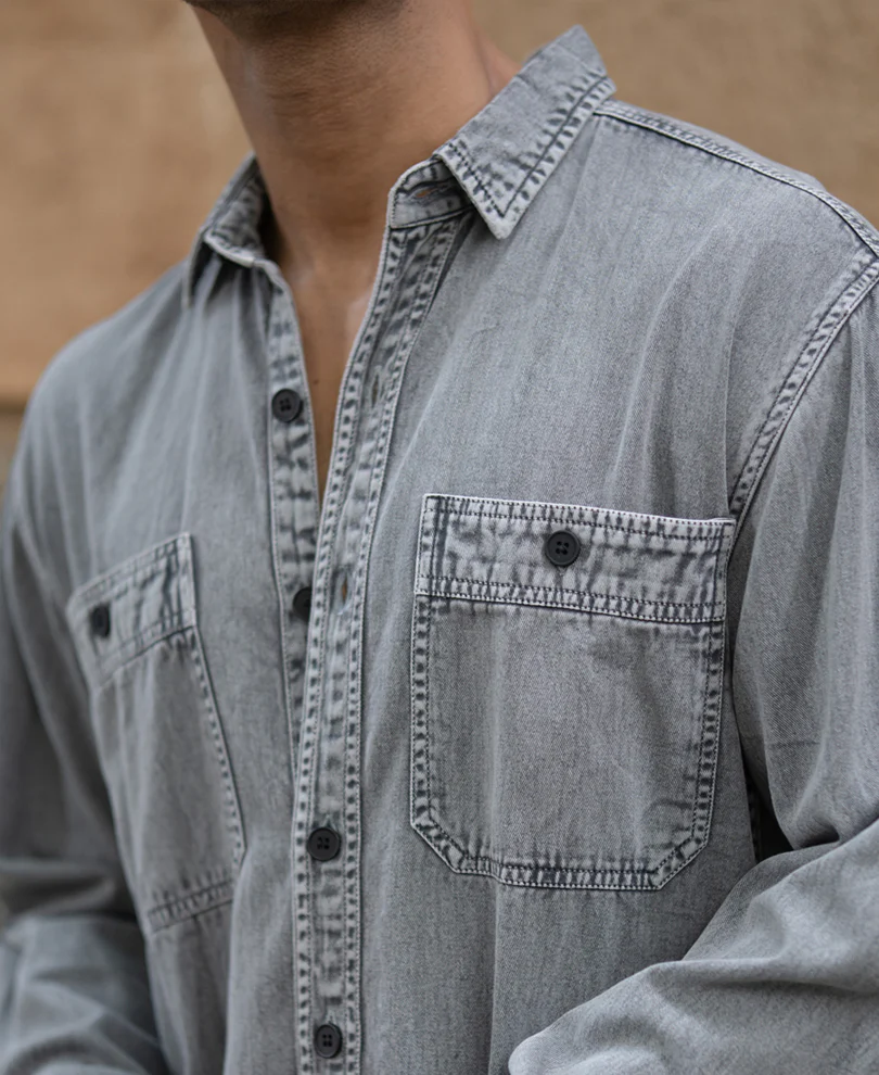 Grey Denim Shirt With Pockets - Image 5