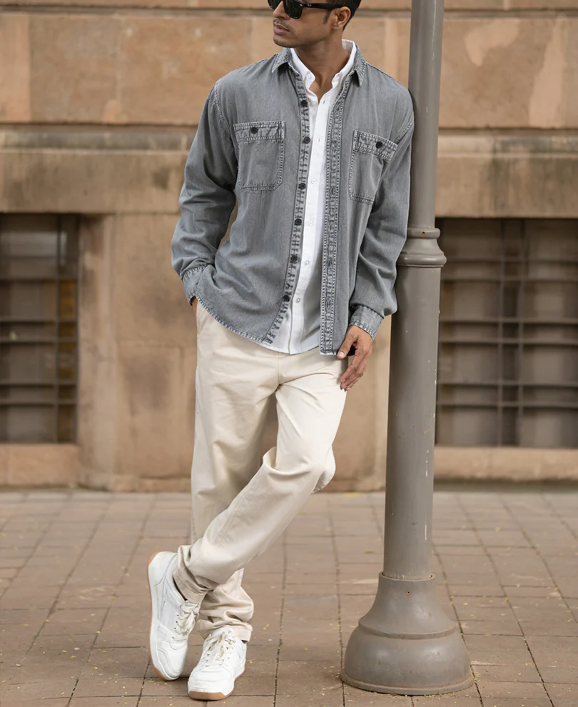 Grey Denim Shirt With Pockets - Image 7